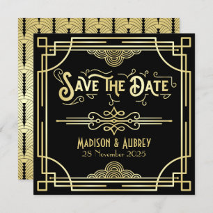 Art Deco Bruiloft Elegant Goud Zwart Grote Gatsby Save The Date