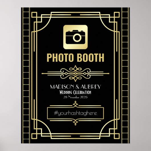 Art Deco Bruiloft Foto Booth Goud Zwart Feestbord Poster (Voorkant)
