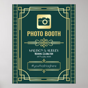 Art Deco Bruiloft Foto Booth Gouden Groene Bord Poster
