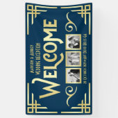 Art Deco Bruiloft Goud Blauw Drie Foto Welkom Spandoek (Verticaal)