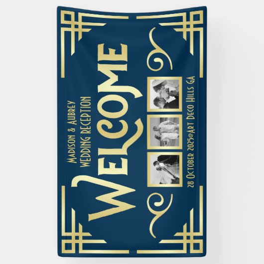 Art Deco Bruiloft Goud Blauw Drie Foto Welkom Spandoek (Verticaal)
