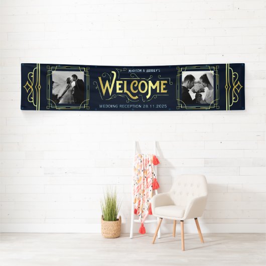 Art Deco Bruiloft Goud Blauw Receptie Diner Party Spandoek (Insitu)