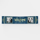 Art Deco Bruiloft Goud Blauw Receptie Diner Party Spandoek (Horizontaal)