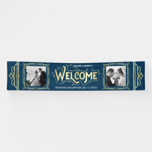 Art Deco Bruiloft Goud Blauw Receptie Diner Party Spandoek
