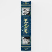 Art Deco Bruiloft Goud Blauw Receptie Diner Party Spandoek (Verticaal)