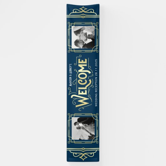 Art Deco Bruiloft Goud Blauw Receptie Diner Party Spandoek (Verticaal)