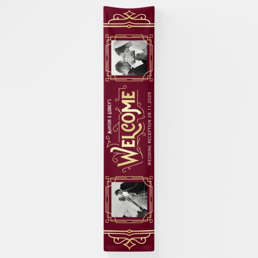 Art Deco Bruiloft Goud Bourgondië Diner Party Spandoek (Verticaal)