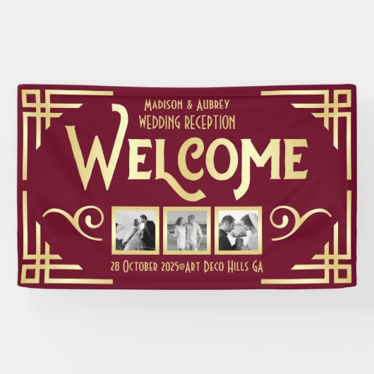 Art Deco Bruiloft Goud Bourgondië Drie Foto Welkom Spandoek (Horizontaal)