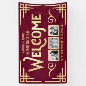 Art Deco Bruiloft Goud Bourgondië Drie Foto Welkom Spandoek (Verticaal)