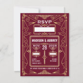 Art Deco Bruiloft Goud Bourgondië RSVP Reactie Kaart (Voorkant)