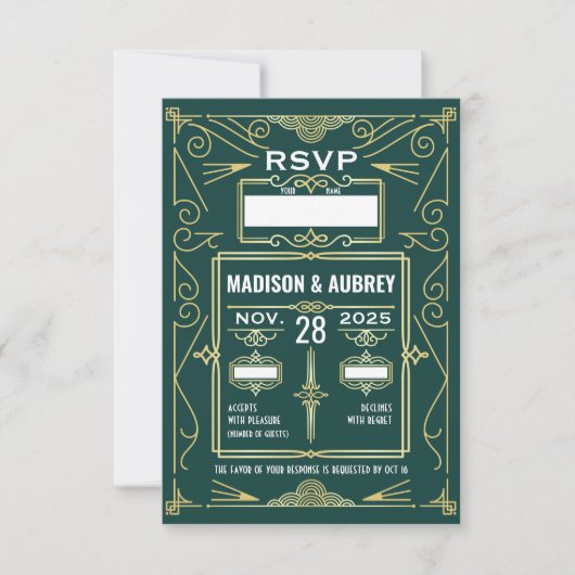 Art Deco Bruiloft Goud Donkergroen RSVP Reactie Kaartje (Voorkant)