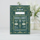 Art Deco Bruiloft Goud Donkergroen RSVP Reactie Kaartje (Staand voorkant)
