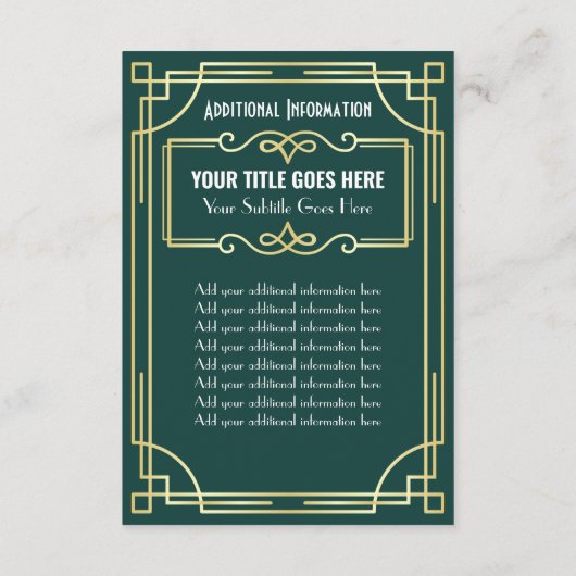 Art Deco Bruiloft Goud Groen Aanvullende Informati Informatiekaartje (Achterkant)
