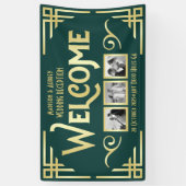 Art Deco Bruiloft Goud Groen Drie Foto Welkom Spandoek (Verticaal)