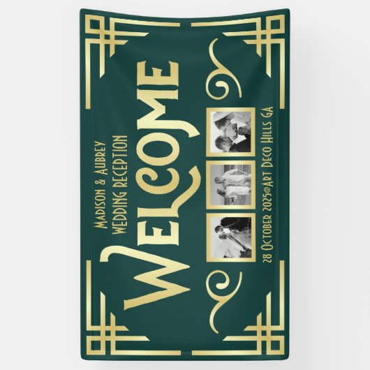 Art Deco Bruiloft Goud Groen Drie Foto Welkom Spandoek (Verticaal)