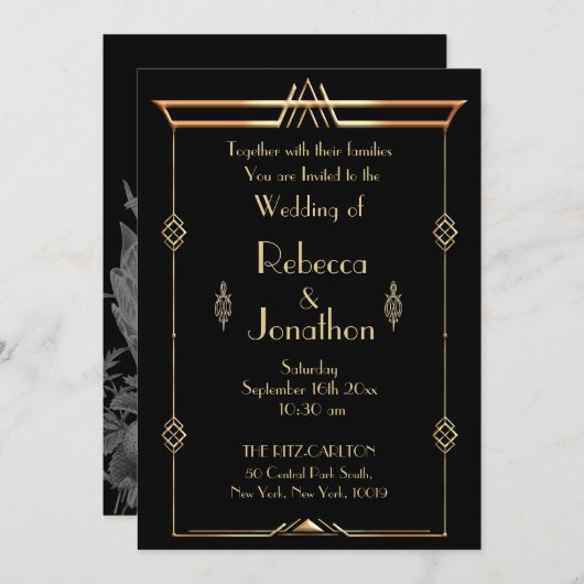 Art Deco Bruiloft Goud op Zwart  Elegantie Kaart (Voorkant / Achterkant)