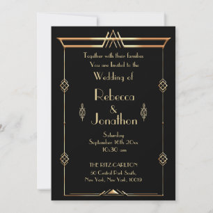 Art Deco Bruiloft Goud op Zwart  Elegantie Kaart
