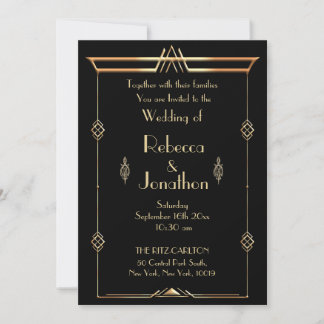 Art Deco Bruiloft Goud op Zwart  Elegantie Kaart