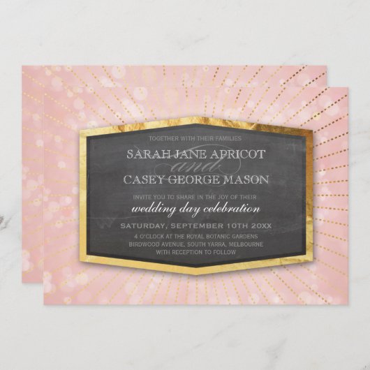 ART DECO BRUILOFT goud sunburst grijs bokeh koraal Kaart (Voorkant / Achterkant)