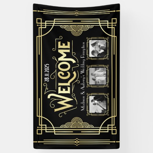 Art Deco Bruiloft Goud Zwart Gatsby Foto Welkom Spandoek (Verticaal)