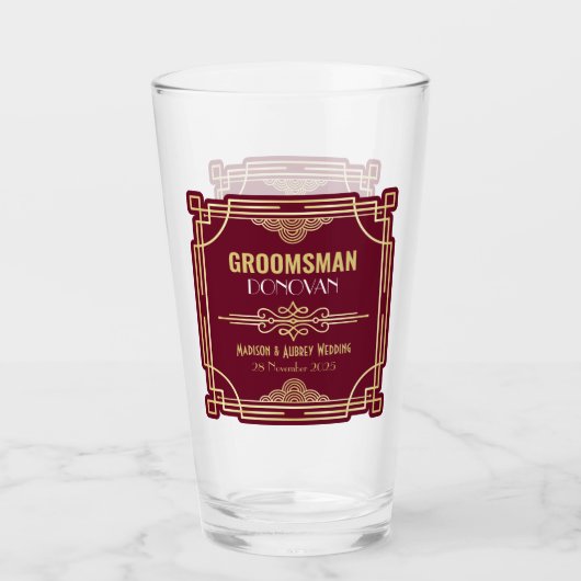Art Deco Bruiloft Groomsman Goud Bourgogne Favor Glas (Voorkant)