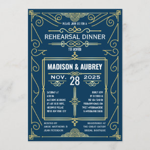 Art Deco Bruiloft Klassiek Goud Blauw Repetitie Di Kaart