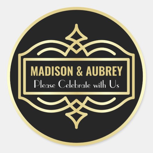 Art Deco Bruiloft Liefde & Bedankt Goud Zwart Mail Ronde Sticker (Voorkant)