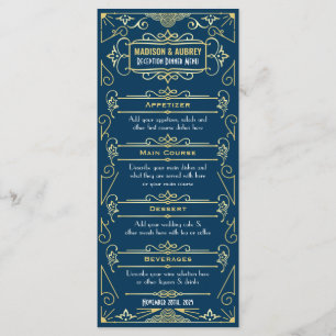 Art Deco Bruiloft Receptie Diner Goud Blauw Voedse Menu
