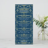 Art Deco Bruiloft Receptie Diner Goud Blauw Voedse Menu (Staand voorkant)