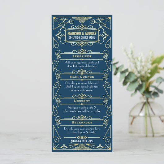 Art Deco Bruiloft Receptie Diner Goud Blauw Voedse Menu (Staand voorkant)