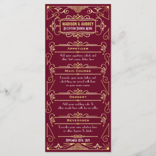 Art Deco Bruiloft Receptie Diner Goud Bourgogne Menu