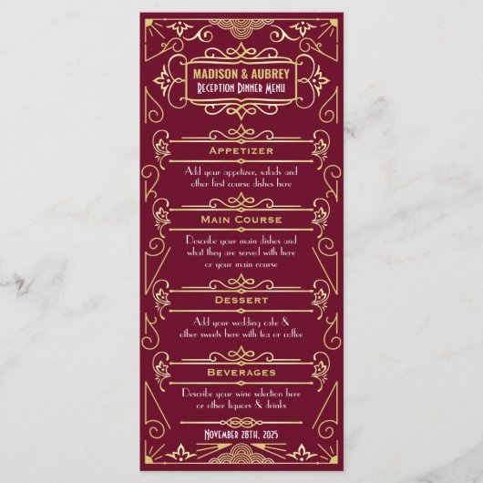 Art Deco Bruiloft Receptie Diner Goud Bourgogne Menu (Voorkant)