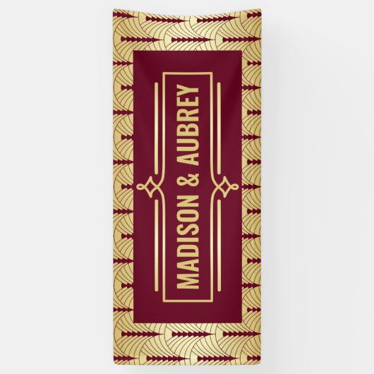 Art Deco Bruiloft Receptie Diner Goud Bourgogne Spandoek (Verticaal)