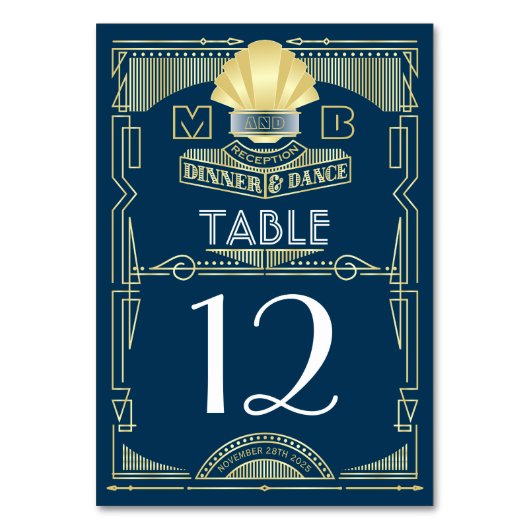 Art Deco Bruiloft Receptie Diner Party Goud Blauw Kaart (Achterkant)