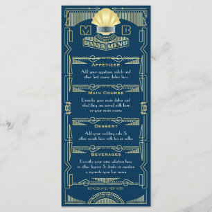 Art Deco Bruiloft Receptie Diner Party Goud Blauw Menu
