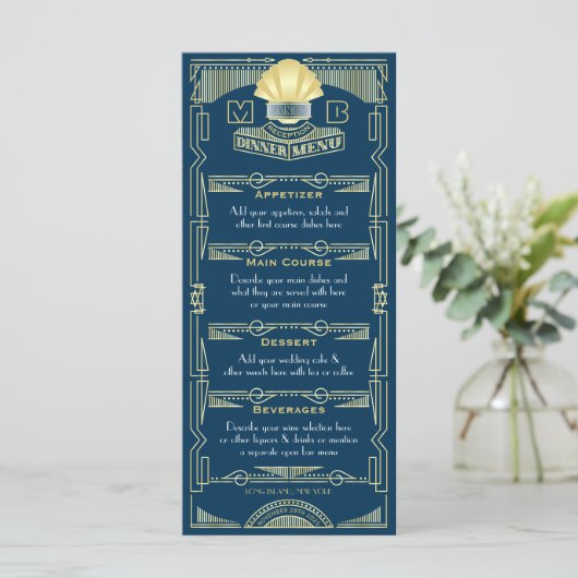 Art Deco Bruiloft Receptie Diner Party Goud Blauw Menu (Staand voorkant)
