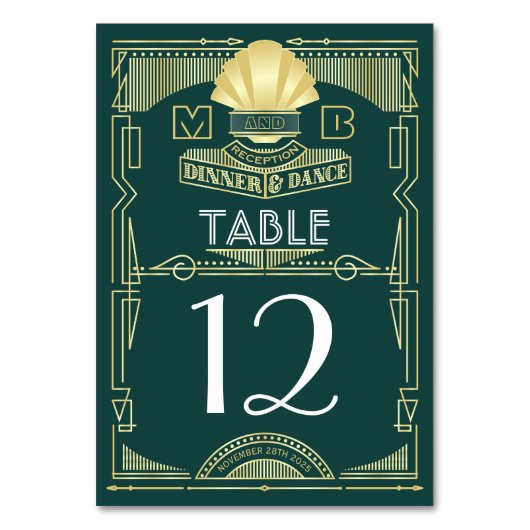 Art Deco Bruiloft Receptie Diner Party Goud Groen Kaart (Achterkant)