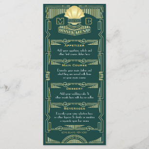 Art Deco Bruiloft Receptie Diner Party Goud Groen Menu