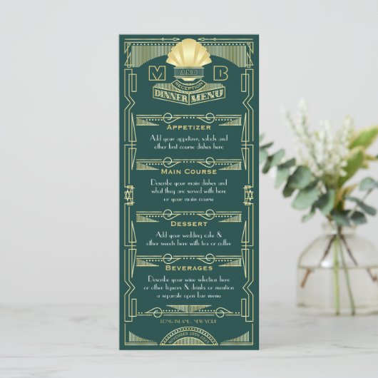 Art Deco Bruiloft Receptie Diner Party Goud Groen Menu (Staand voorkant)