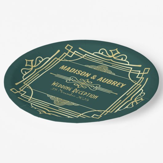 Art Deco Bruiloft Receptie Diner Party Goud Groen Papieren Bordje (Gekanteld)