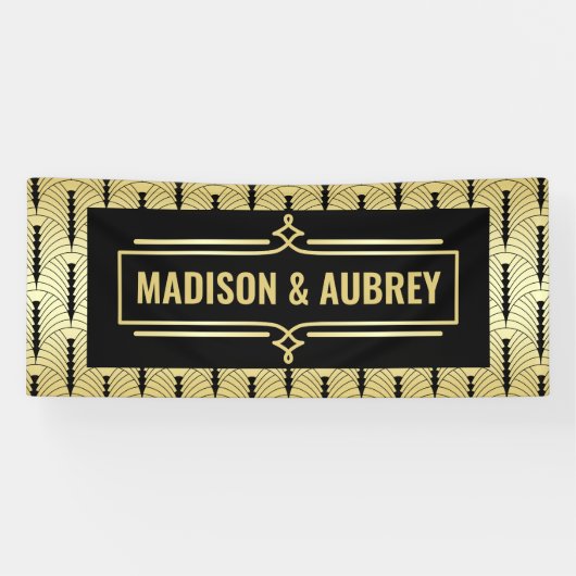 Art Deco Bruiloft Receptie Diner Party Goud Zwart Spandoek (Horizontaal)