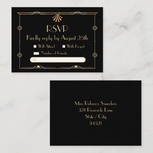 Art Deco Bruiloft RSVP Flat Note Kaart Notitiekaartje (Voorkant / Achterkant)