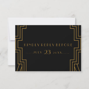 Art Deco Bruiloft RSVP Kaart Goud en Zwart