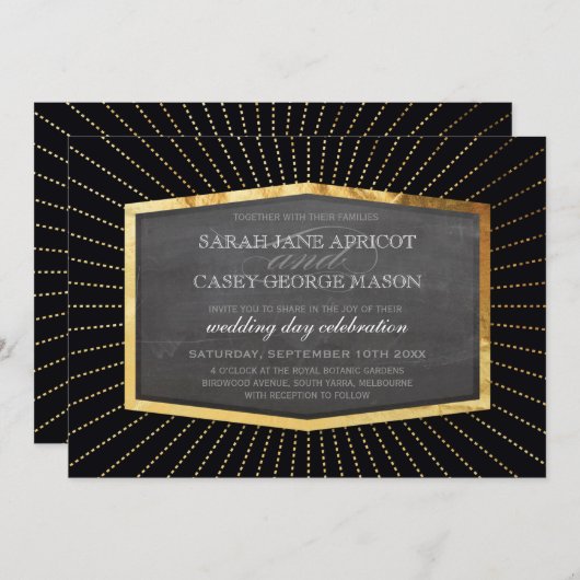 ART DECO BRUILOFT UITNODIGEN goud sunburst krijtbo Kaart (Voorkant / Achterkant)