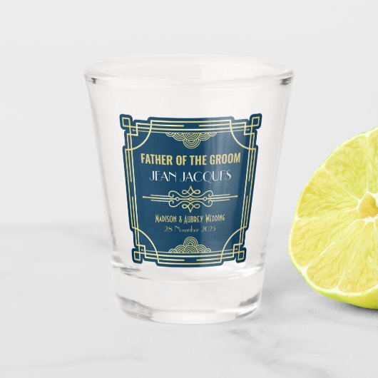 Art Deco Bruiloft Vader van de bruidegom Goud Favo Shot Glas (Voorkant)