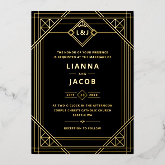 Art Deco bruiloft zwart goud folie uitnodiging (Voorkant)