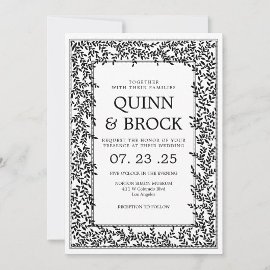 Art Deco Bruiloft Zwart-wit Bladgroen Kaart (Voorkant)