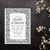 Art Deco Bruiloft Zwart-wit Bladgroen Kaart