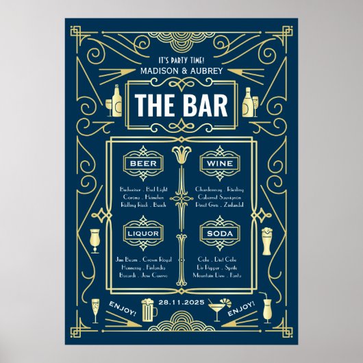 Art Deco Bruiloftsbar Menu Wijn Bier Sterke Drank Poster (Voorkant)