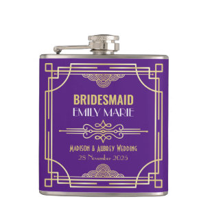 Art Deco Bruiloftsbruidsmeisje Goud Paarse gunst Heupfles